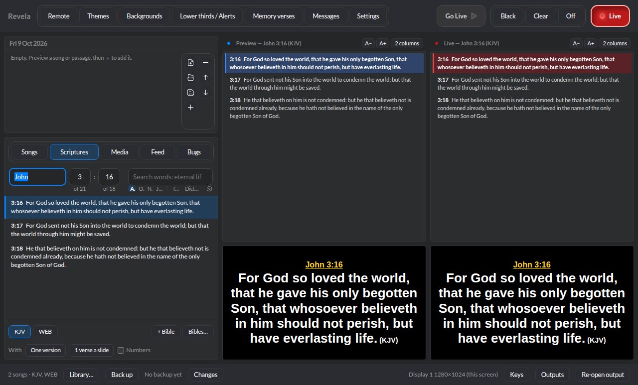 Revela's window: the Schedule, scripture, Preview and Live